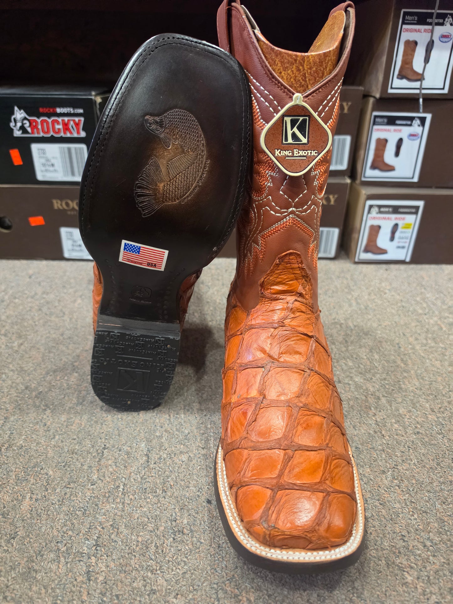 King Exotic Men's Cognac Genuine Pirarucu Wide Square Toe Cowboy Boots (no original box)