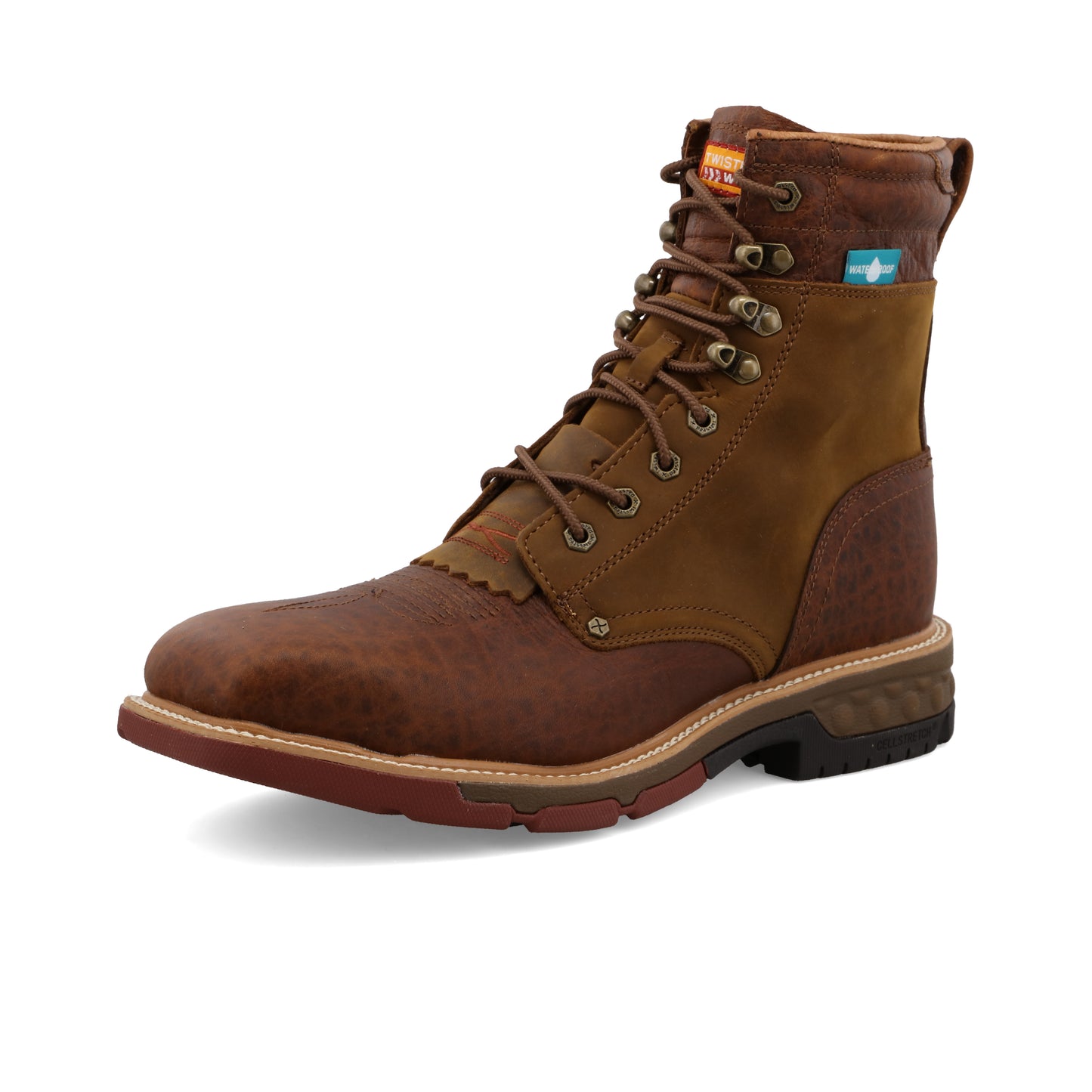 twisted x Waterproof Alloy Toe Lacer Distressed Saddle & Cognac