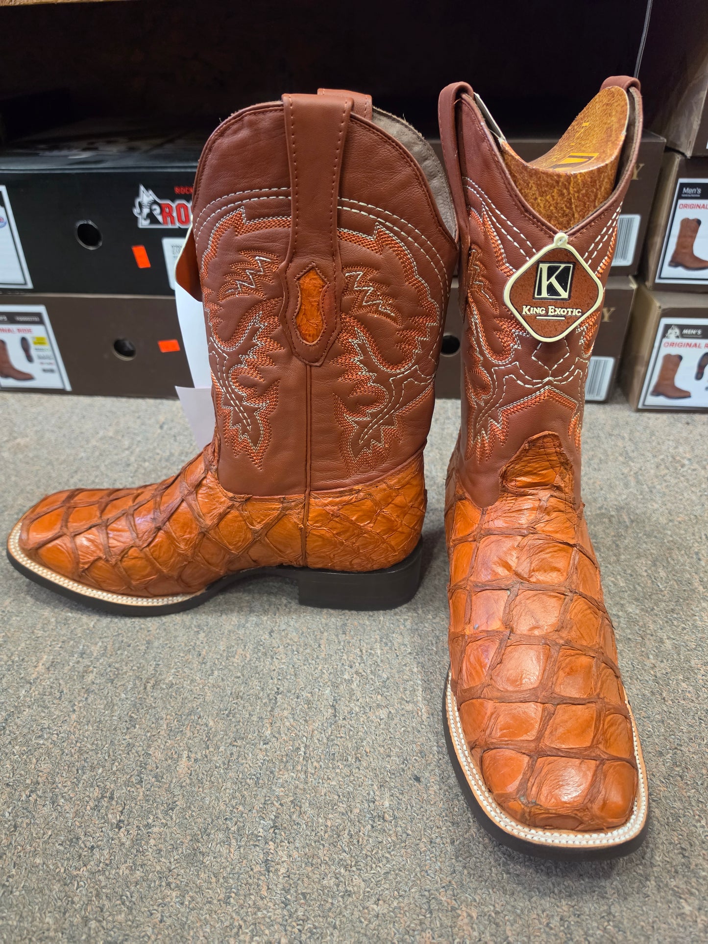 King Exotic  Men's Cognac Genuine Pirarucu Wide Square Toe Cowboy Boots (no original box)
