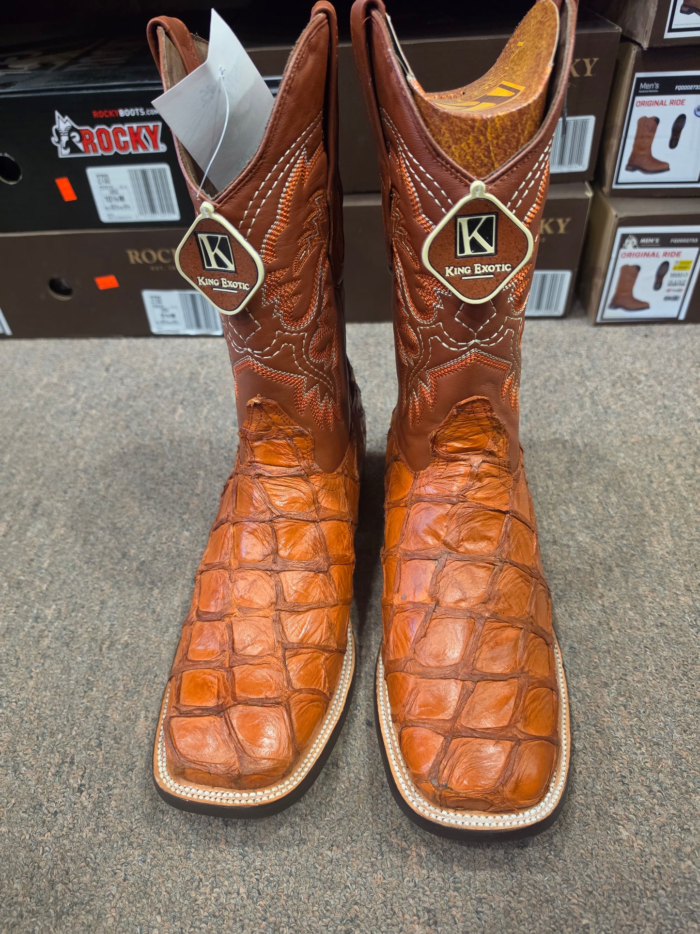 King Exotic  Men's Cognac Genuine Pirarucu Wide Square Toe Cowboy Boots (no original box)