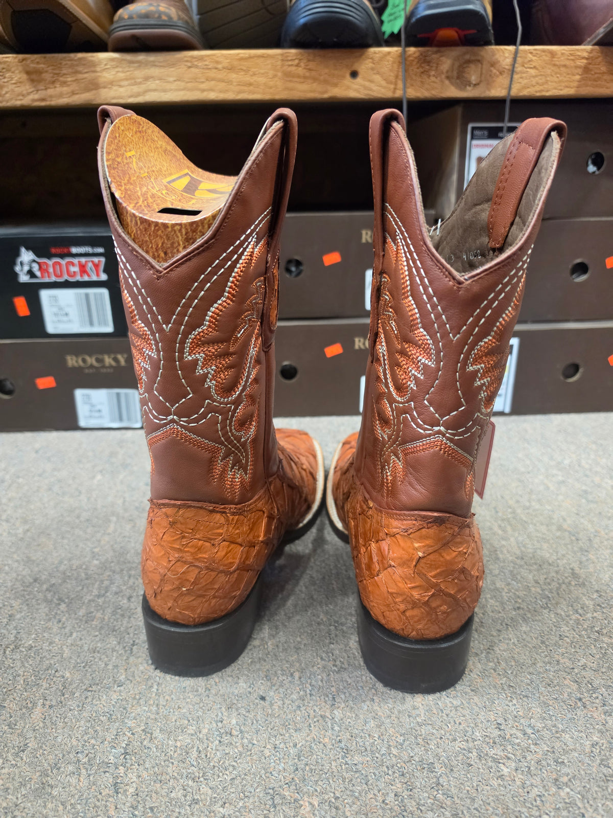 King Exotic  Men's Cognac Genuine Pirarucu Wide Square Toe Cowboy Boots (no original box)